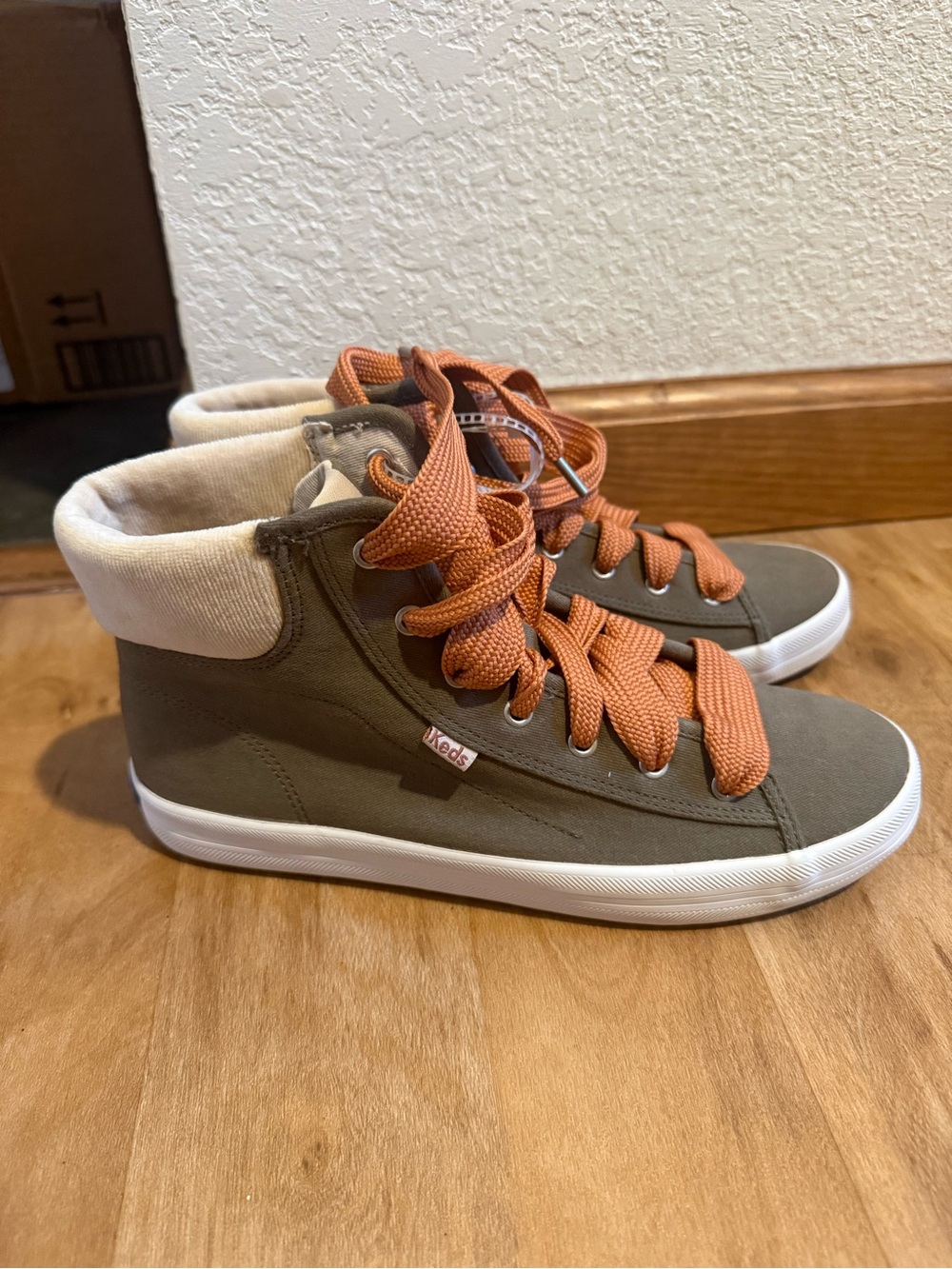 Keds High-Top Sneakers in Olive with Orange Laces